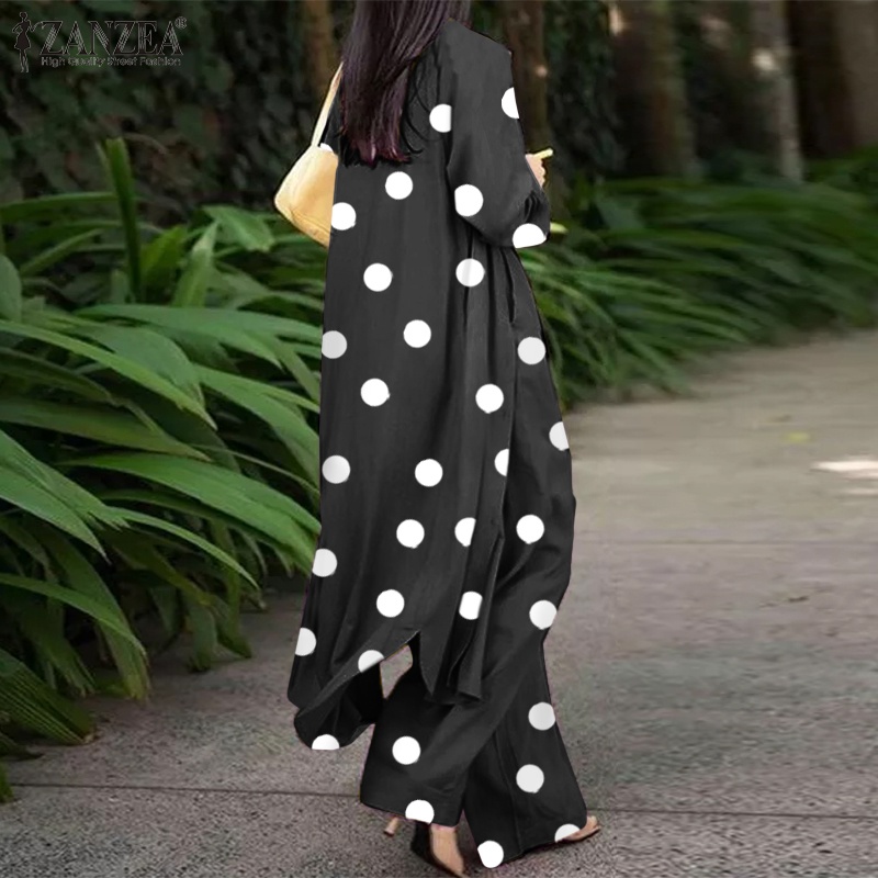 Set đồ Zanzea gồm áo sơ mi chấm bi dài tay cổ bẻ + quần dài ống rộng thời trang cho nữ