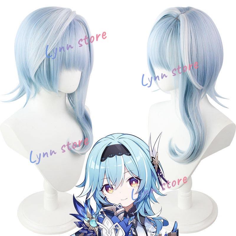 Genshin Impact Eula Cosplay Tóc giả Phụ nữ Màu xanh nổi bật Màu trắng Tóc mai không đều nhau Tóc giả tổng hợp chống nóng Tóc giả