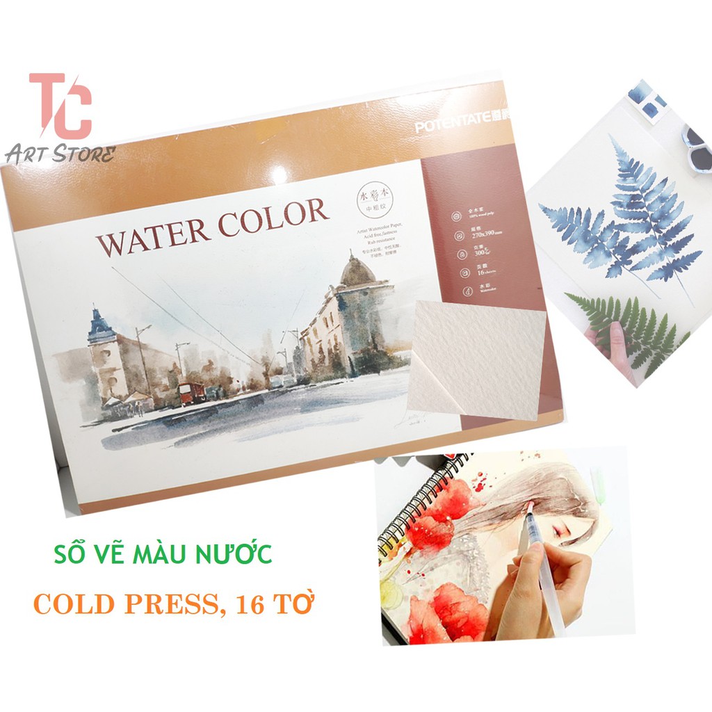 Sổ vẽ màu nước 300gsm, hotpress, 16 sheets, Potentate