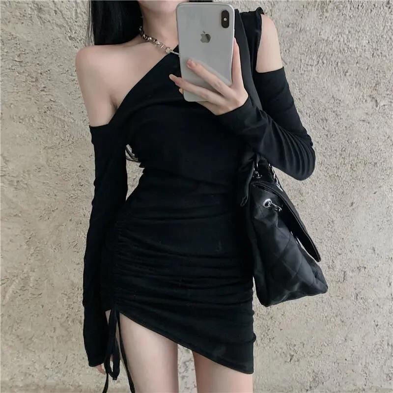 [MURIOKI] Đầm Đen Tay Dài Hở Vai Nhấn Eo Thanh Lịch Quyến Rũ Thời Trang Hàn Quốc Cho Nữ