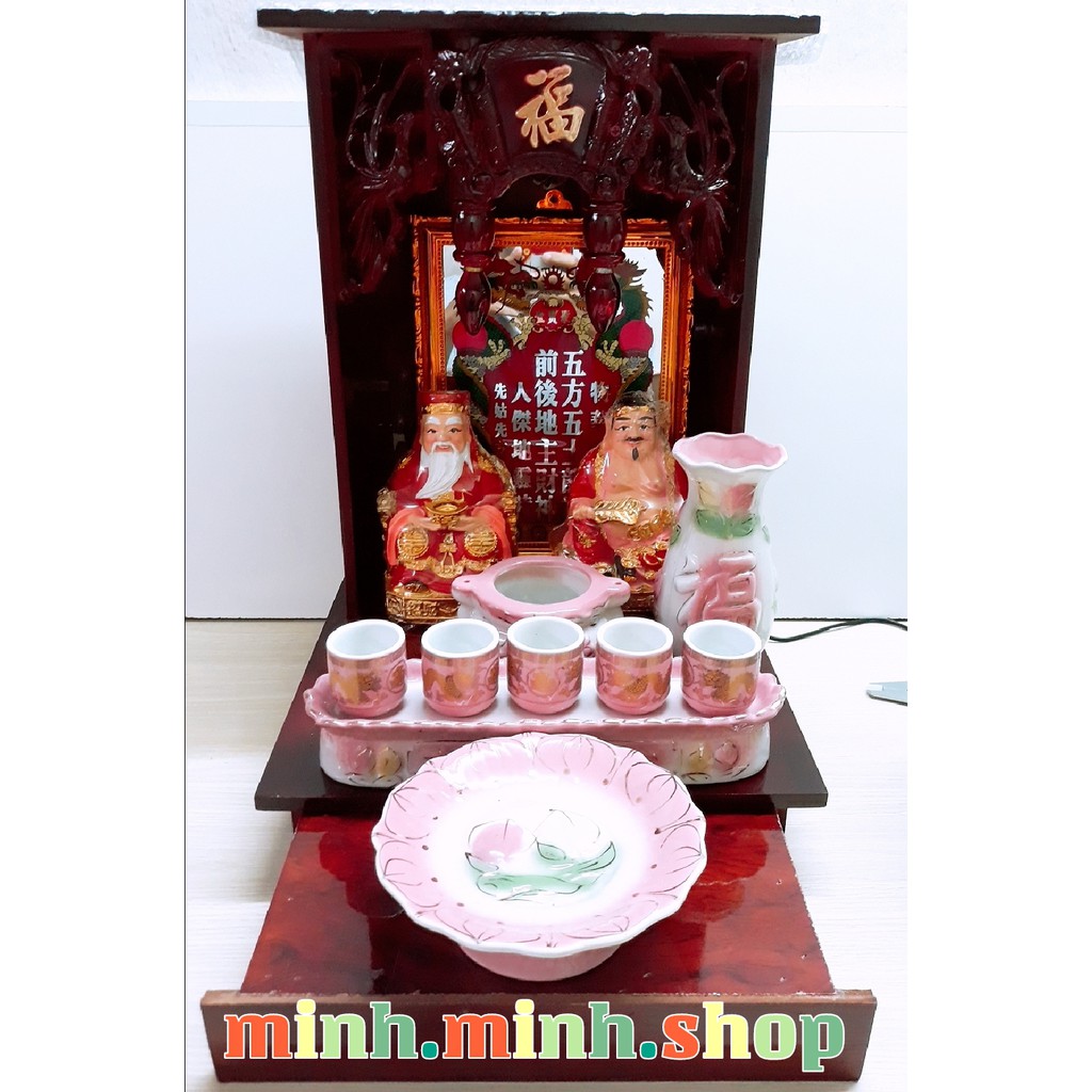 Combo đồ thờ cúng màu hồng: bàn thờ 30cm hộc kéo, tài địa,...+ khuyến mãi
