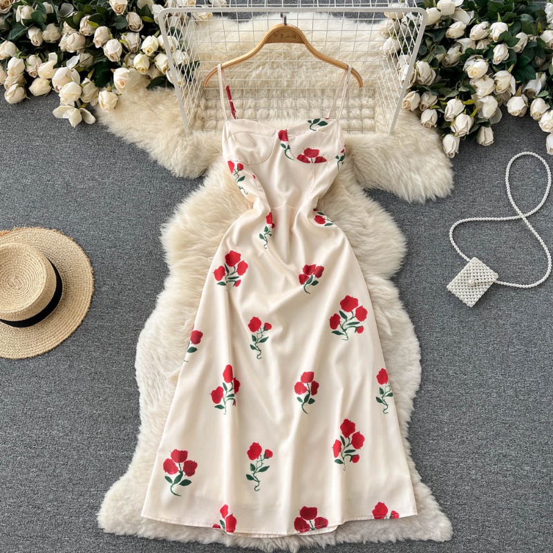 Đầm Hai Dây Dáng Ôm In Họa Tiết Hoa Hồng Phong Cách Pháp Cổ Điển Thời Trang Mùa Hè Xinh Xắn Cho Nữ