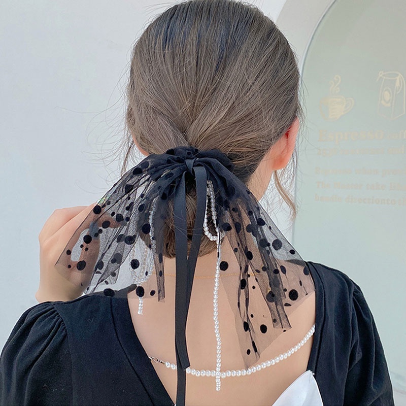 Dây Buộc Tóc Thắt Nơ Ruy Băng Đính Hạt Ngọc Trai Tua Rua