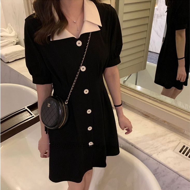 Đầm Perty cổ polo kiểu dáng đơn giản phong cách Hàn Quốc retro cho nữ