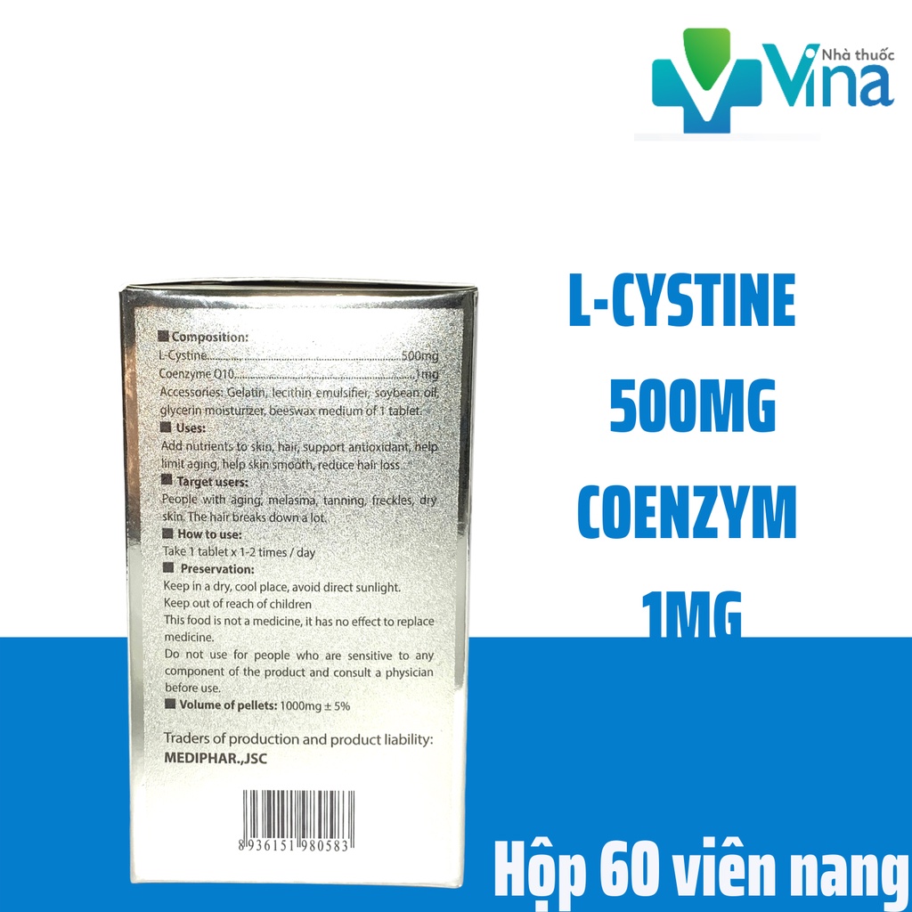L-CYSTINE Viên Uống Tổng Hợp Dưỡng Chất Làm Đẹp Da, Tóc, Móng- Vitamin L- Hộp 60 viên
