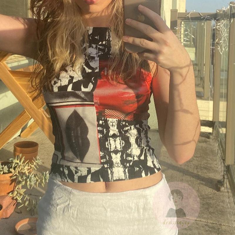 Áo Tank Top Sát Nách Cổ Tròn Dáng Ôm In Họa Tiết Đôi Môi Thời Trang Mùa Hè Cho Nữ