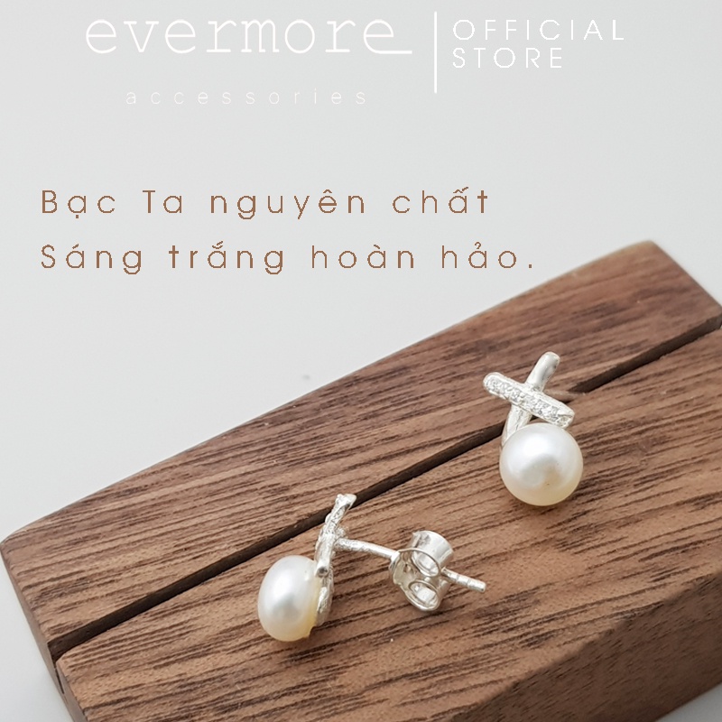 Bông tai bạc EVERMORE, bông tai bạc chũ X trân châu nhân tạo thanh lịch, minimalism - H045