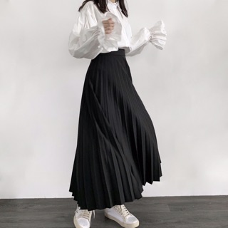 BASIC SHIRT + PLEATED MIDI SKIRT