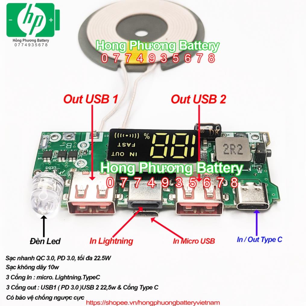 Nsv Mạch sạc dự phòng D.I.Y cho box mica sạc nhanh và không dây QC3.0 22W