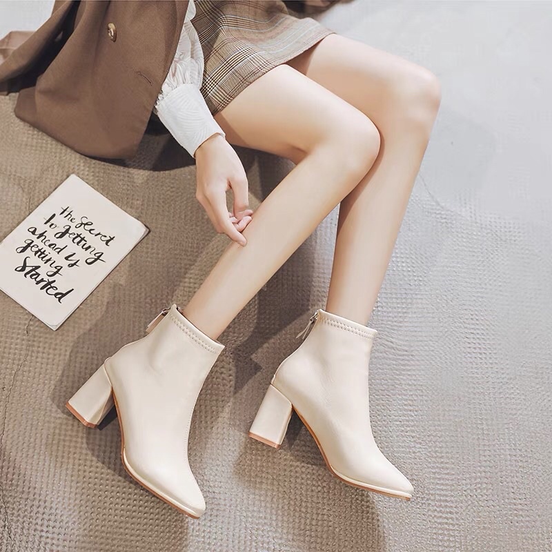 Giày boots nữ công sở cao gót da sịn khoá sau, bốt nữ cổ lửng thời trang giá rẻ