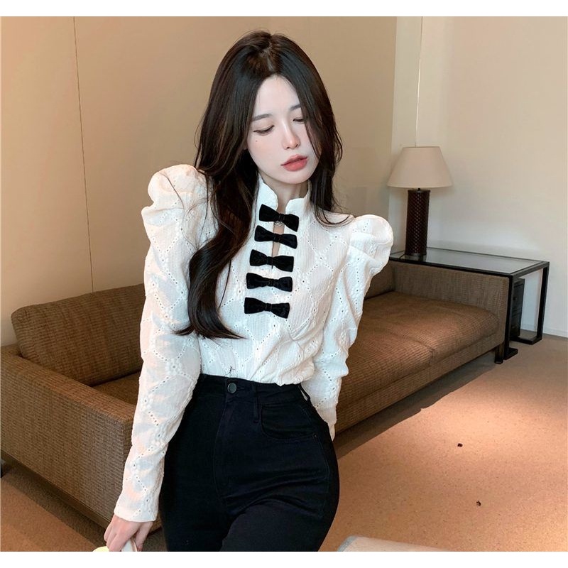 Áo Sơ Mi Tay Dài Phối Ren Thắt Nơ Phong Cách Pháp Thời Trang 2022 Cho Nữ