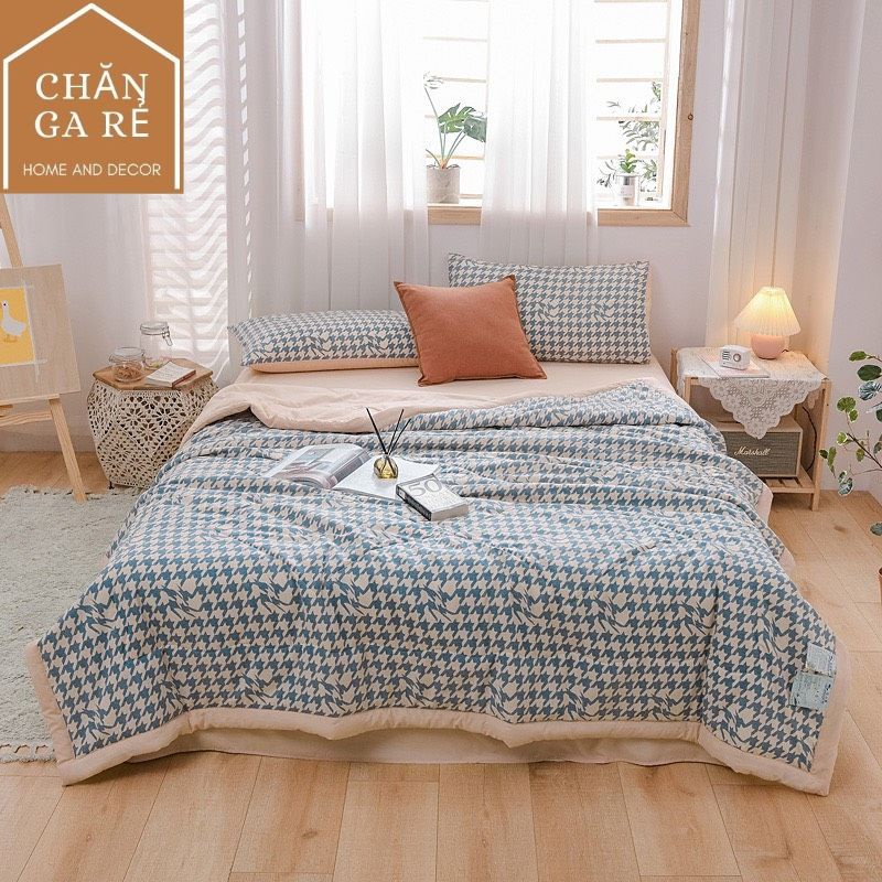 [Hàng nhập] Bộ chăn ga cottong đũi kẻ chăn trần bông freesize (bo chun theo yêu cầu)