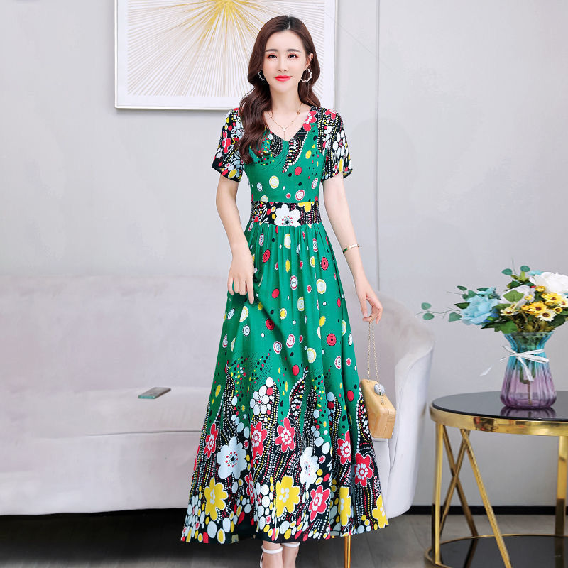 Dress 2021 new summer mother's imitation ice silk waist shows thin and noble, foreign style, over the knee big swing printing | BigBuy360 - bigbuy360.vn