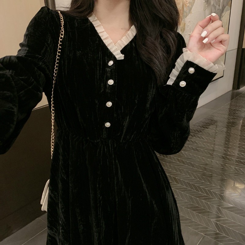 Váy nhung đen tay dài bánh bèo xinh phong cách Hàn Quốc