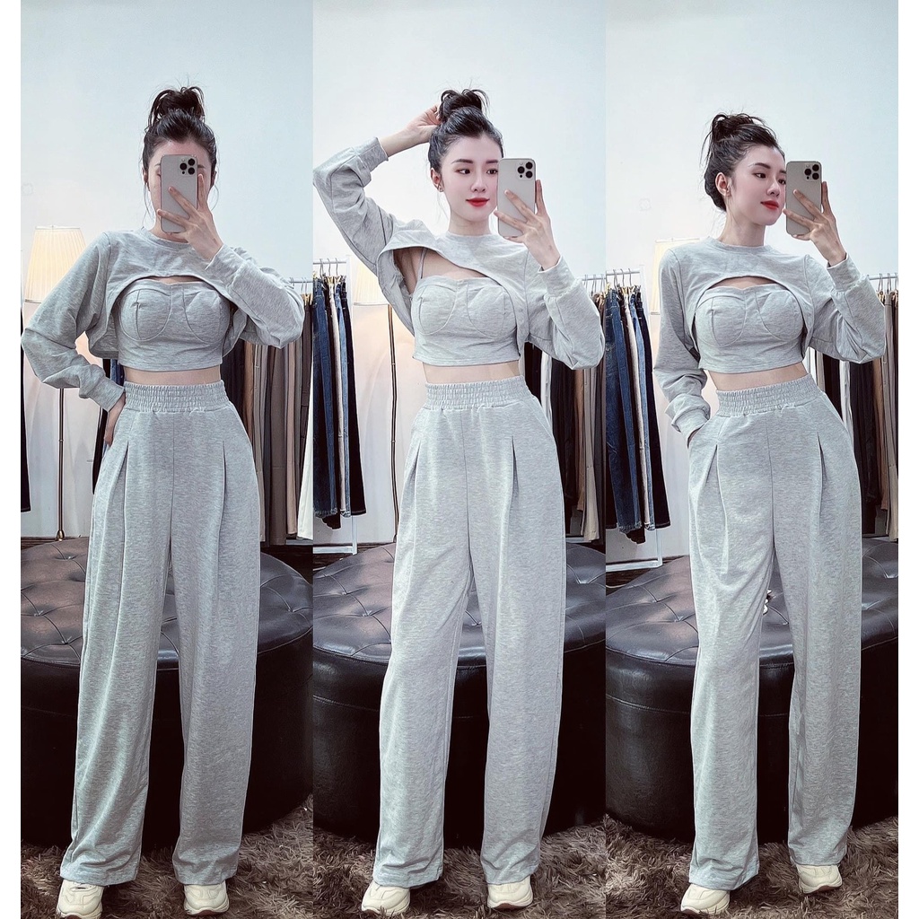 Set 3 món len croptop quần ống rộng áo khoét ngực kèm bra 2 dây DN250