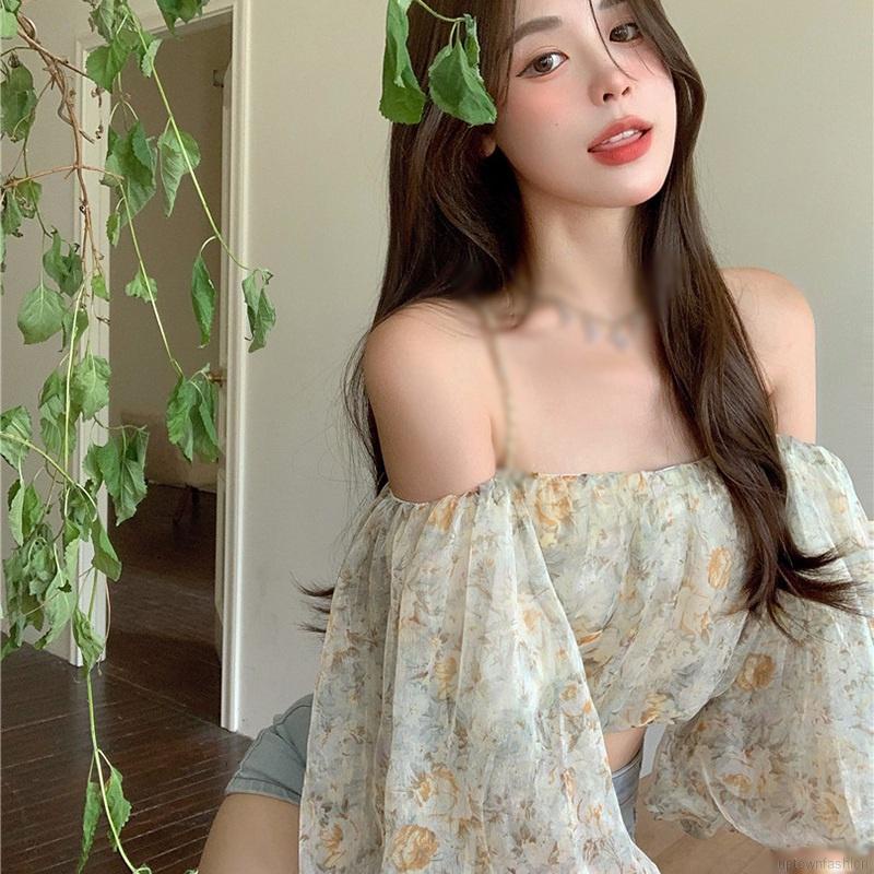 Áo Croptop Tay Dài Loe In Hoa Dễ Thương Thời Trang Mùa Hè Cho Nữ