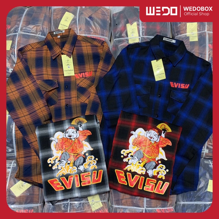 Áo Sơ Mi EVISU Vải Nỉ Caro In Ông Địa Múa Quạt Phong Cách Thời Trang Hot Trend Mới