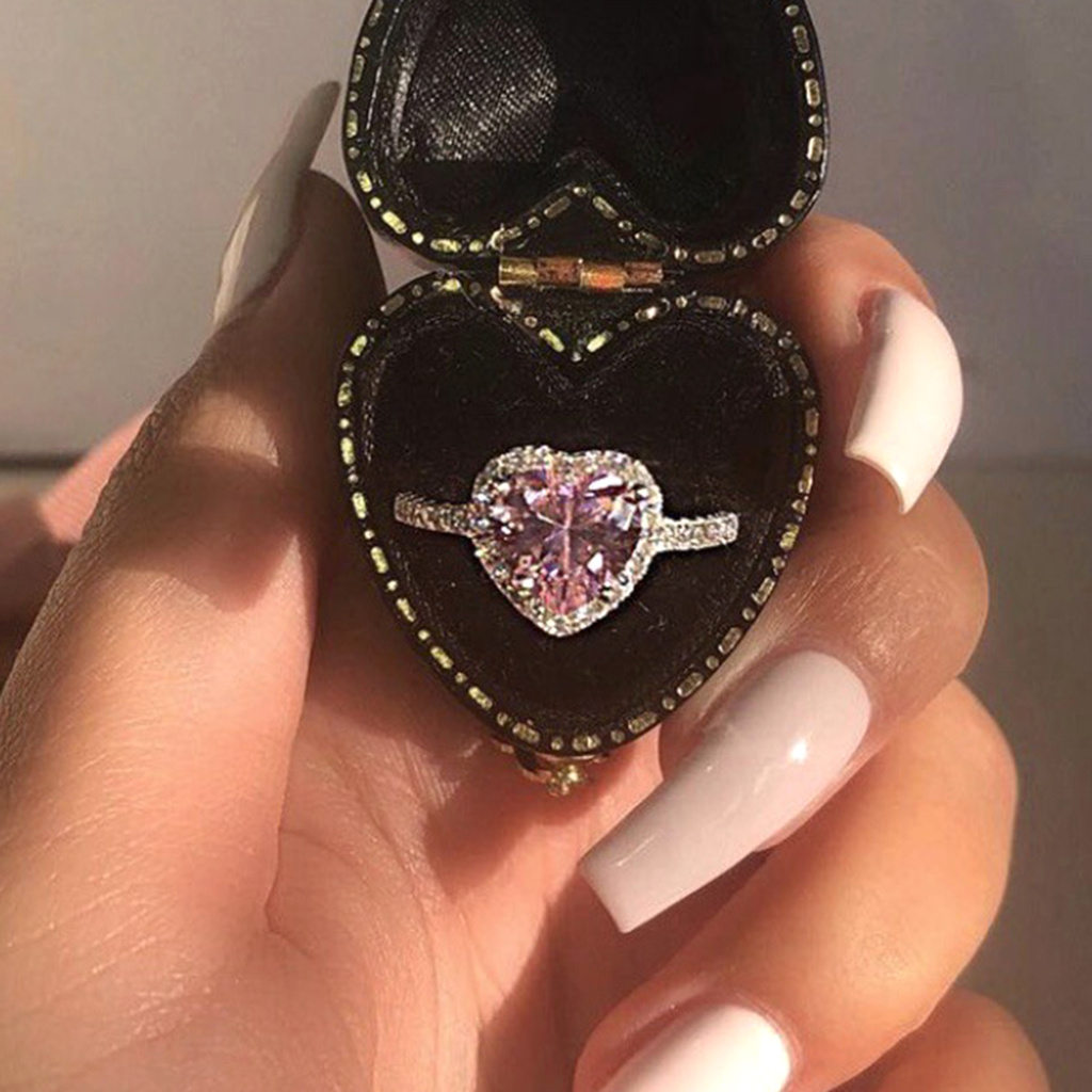 City_Pink Heart-shaped Rhinestone Ring Platinum Plated  Women Jewelry Accessories