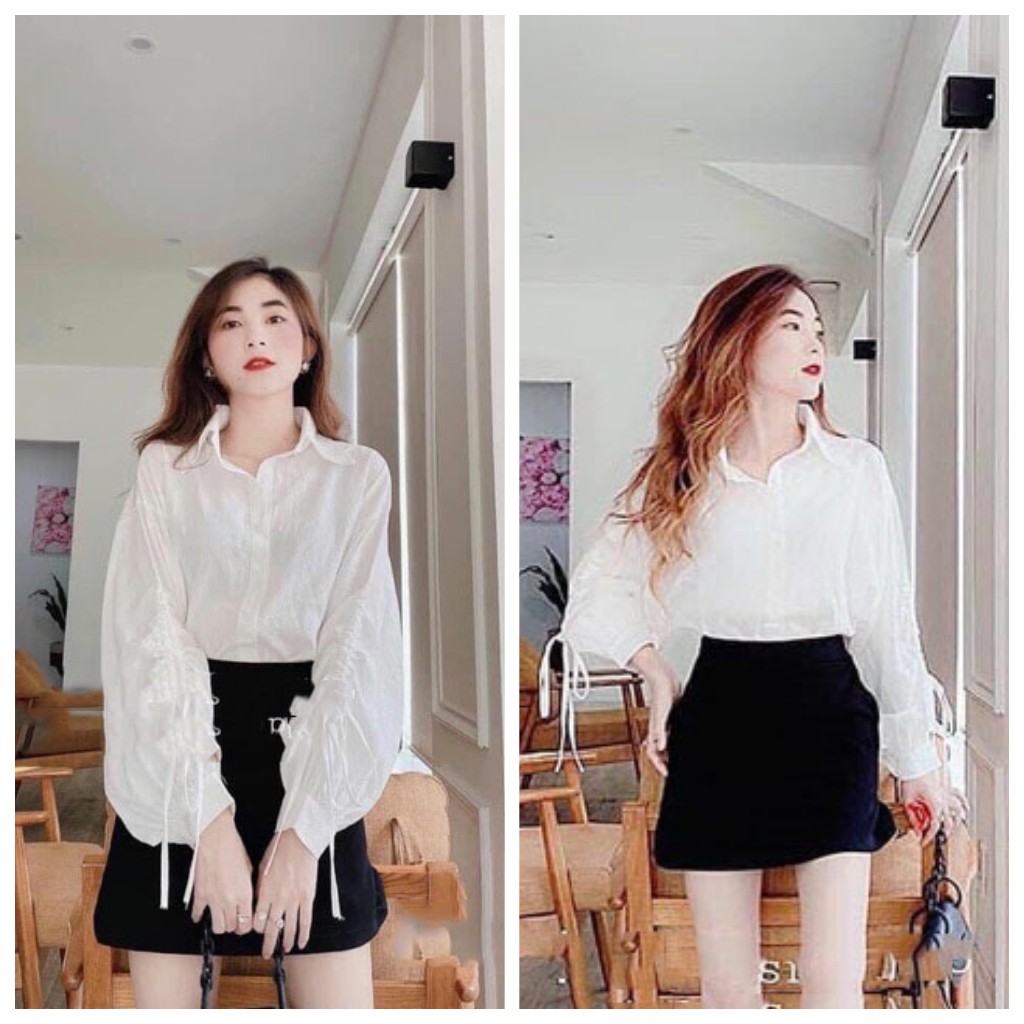 Áo sơ mi trắng tay phồng rút dây form thụng cực xinh - VIETCEN