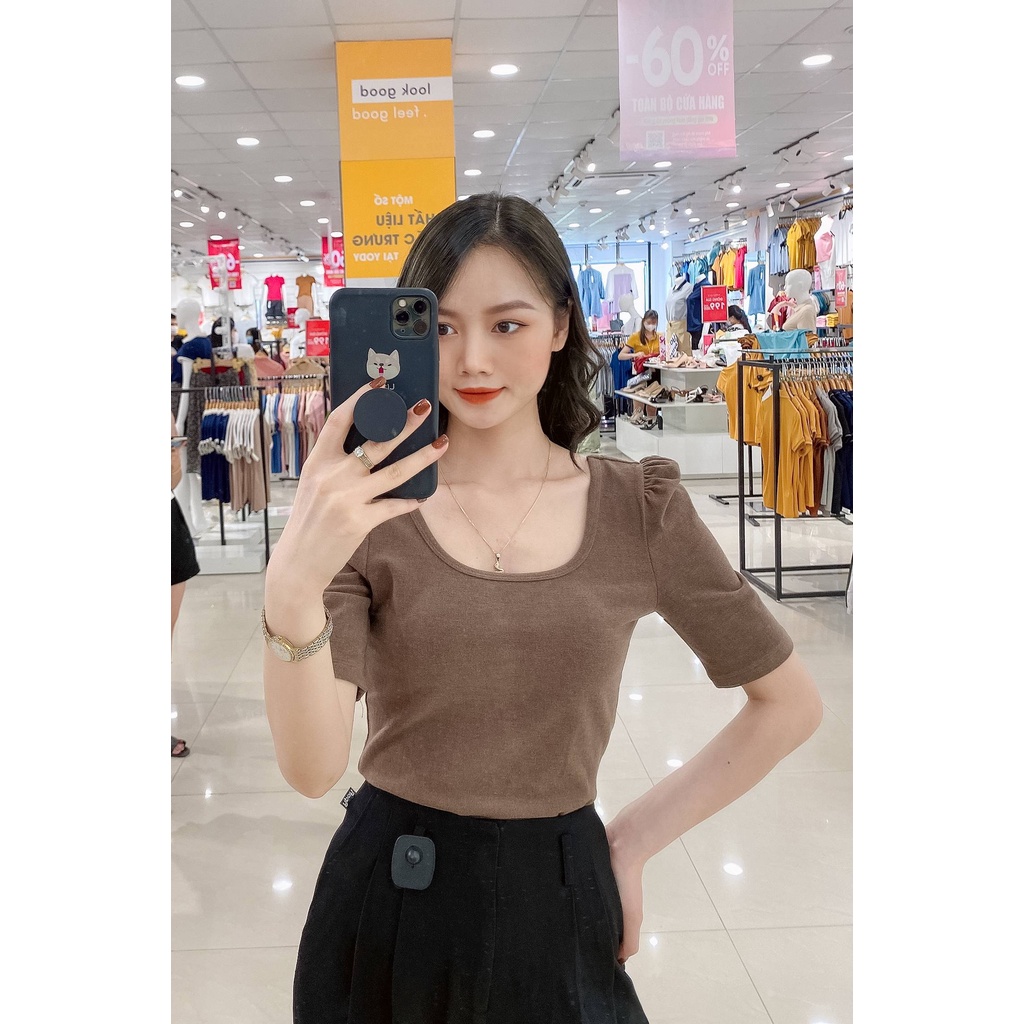 Áo Thun Nữ YODY Cổ Vuông Tay Bồng Dáng Ôm Cao Cấp ATN4350
