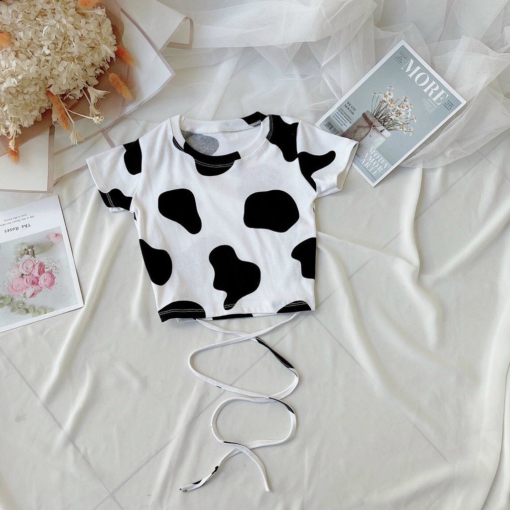 Áo croptop bò sữa dây dài thắt eo- chất thun pozip mềm mịn, co giãn tốt