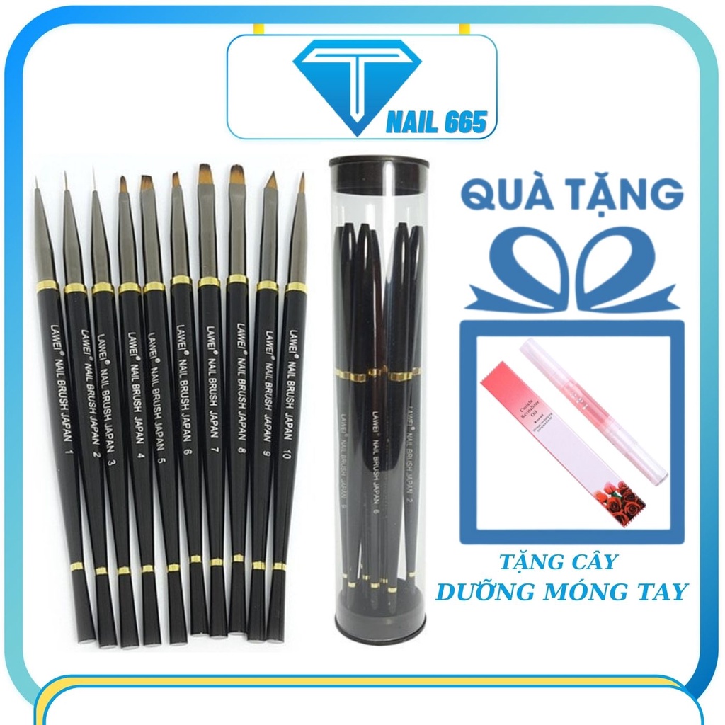 Cọ vẽ nail trang trí móng tay , Bộ cọ LAWEI nhật bản 10 cây vẽ hoa đắp gel ,nét ,tròn bản