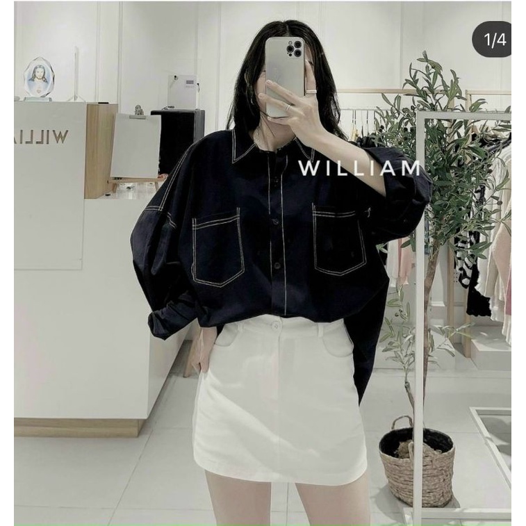 Áo sơ mi đen chỉ nổi ullzang