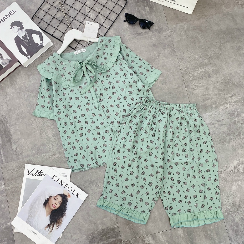 Bộ đồ mặc nhà ngố chất đũi họa tiết hoa nhí