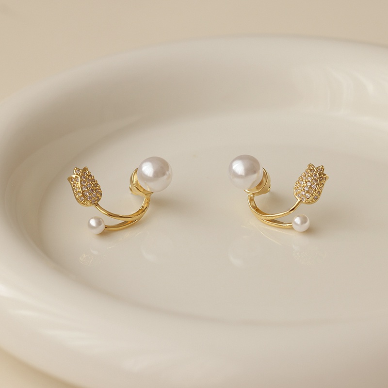 Khuyên Tai Mạ Vàng Hình Hoa Tulip Đính Ngọc Trai Phong Cách Hàn Quốc Mới