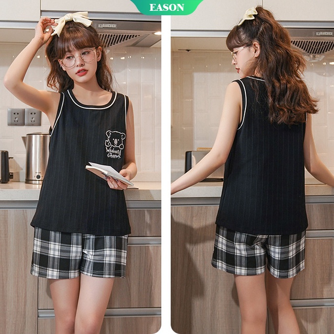 Bộ Đồ Ngủ Gồm Áo Hai Dây Và Quần Ngắn Họa Tiết Caro Phong Cách Hàn Quốc Mặc Tại Nhà Dành Cho Nữ Sinh Mặc Tại Nhà
