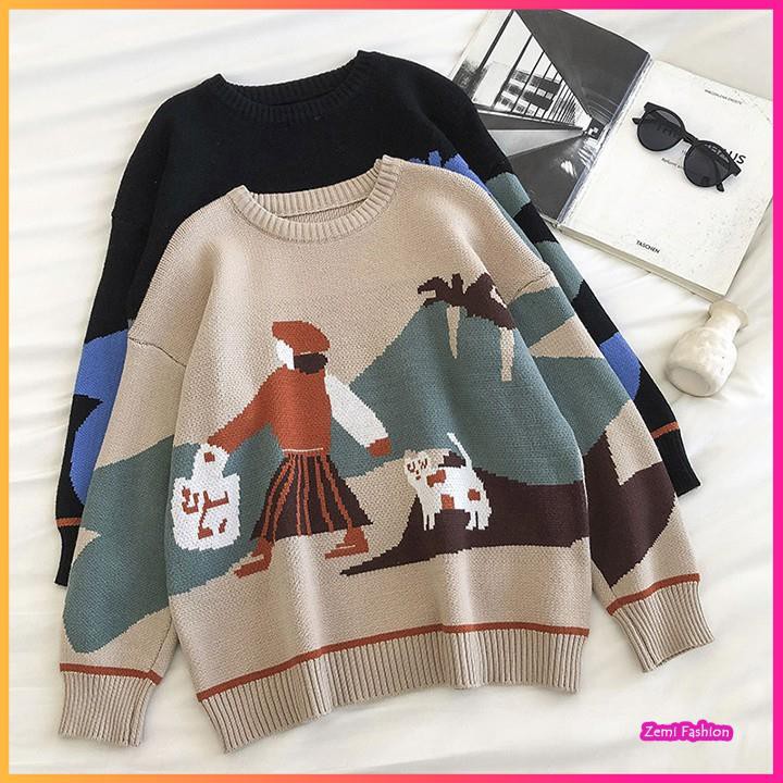 Áo len ulzzang ❤️ áo len nữ form rộng cổ tròn họa tiết thêu hình cô gái dễ thương | BigBuy360 - bigbuy360.vn
