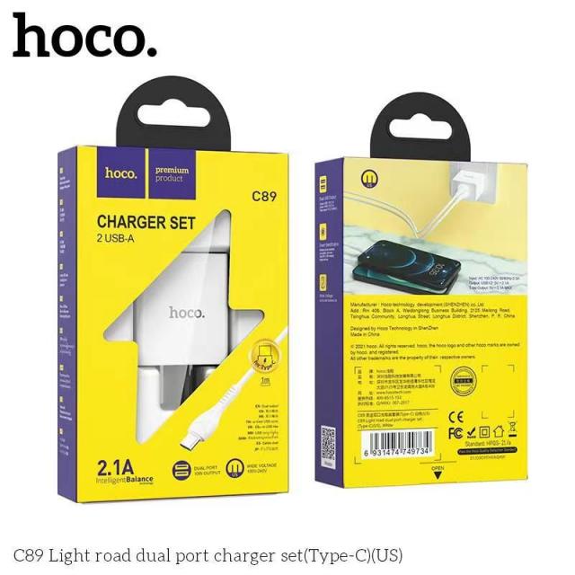 ⚡Mới⚡Bộ sạc nhanh siêu bền Hoco C89 2 cổng USB + cáp sạc X37 cổng ip/tablet táo/Micro/TypeC Android-