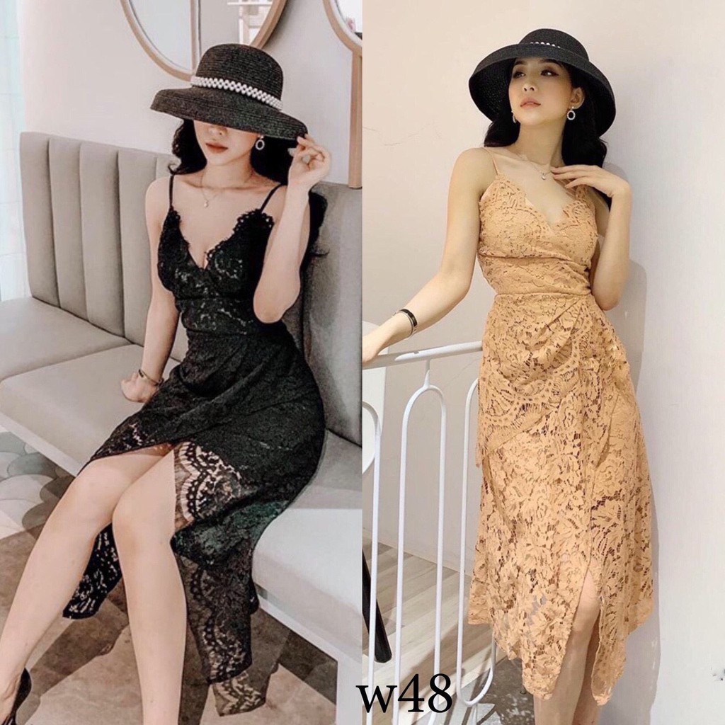 Váy đầm ren nữ- Đầm hai dây dự tiệc xẻ tà Amee AM