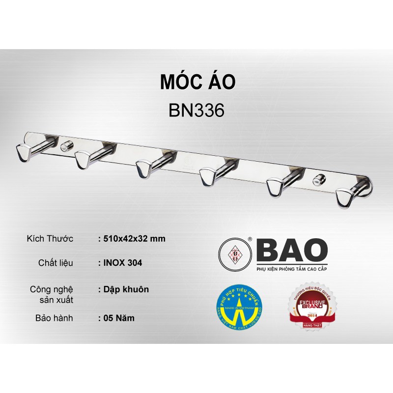 Móc áo, khăn BAO Inox304 6 chấu BN336 trắng bạc, bn-336