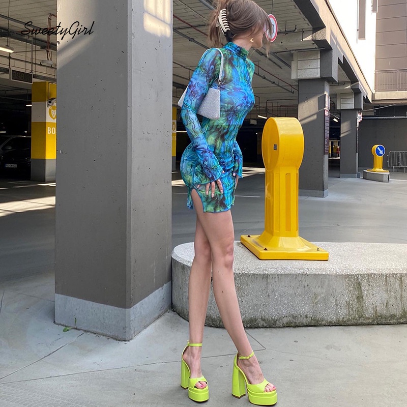 Đầm Mini Tay Dài Cổ Cao Phối Màu Nhuộm Độc Đáo Thời Trang Cho Nữ 2022