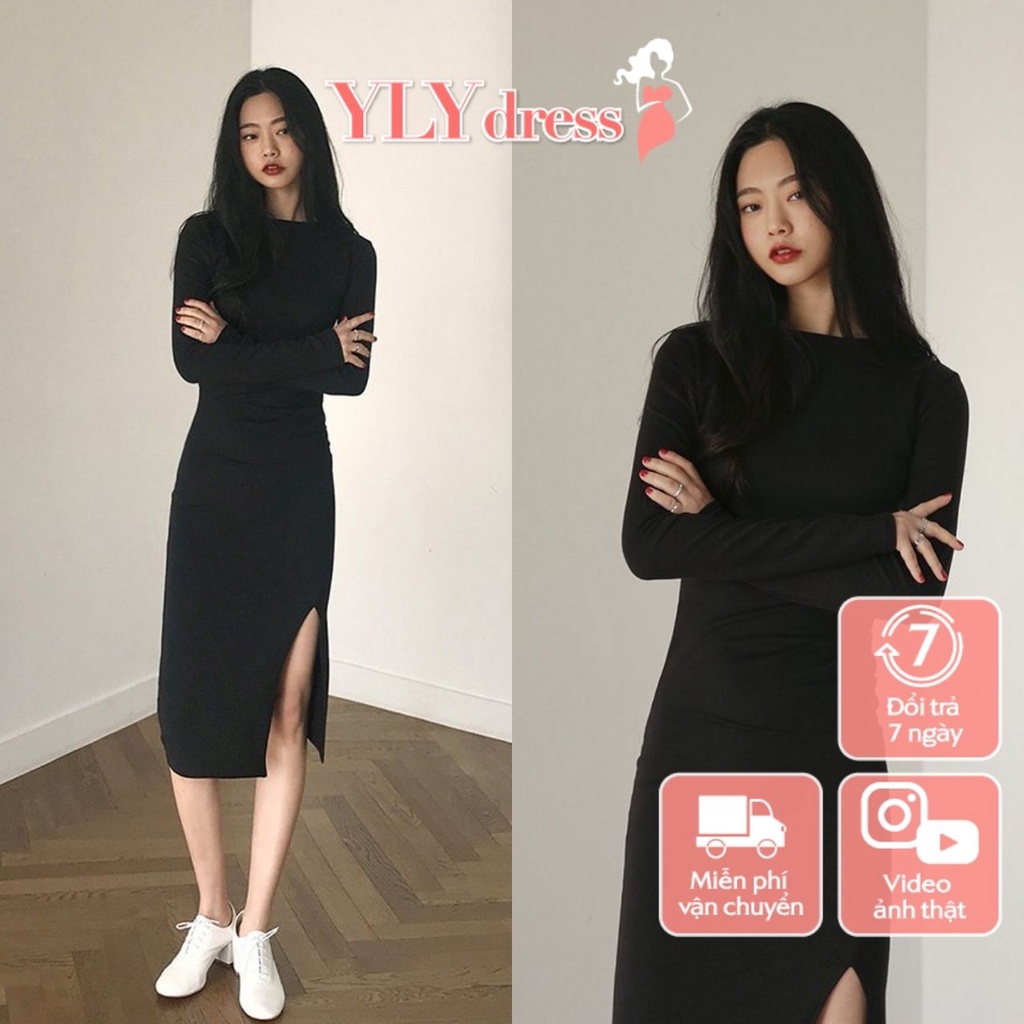 Váy đầm nữ dài tay len tăm body đen xẻ vạt cổ tròn Ylydress freesize phom ôm tôn dáng sexy dáng dài C660
