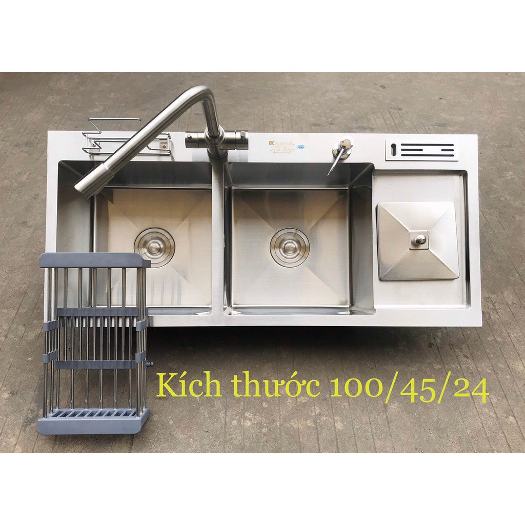 Chậu Rửa Bát Korea Inox 304 - 2 hố Có bàn chờ và thùng rác
