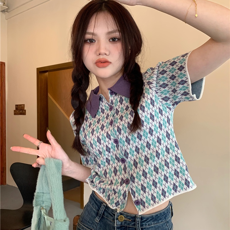 Áo polo SUXI dệt kim tay ngắn dáng ôm thời trang mùa hè cổ điển quyến rũ cho nữ