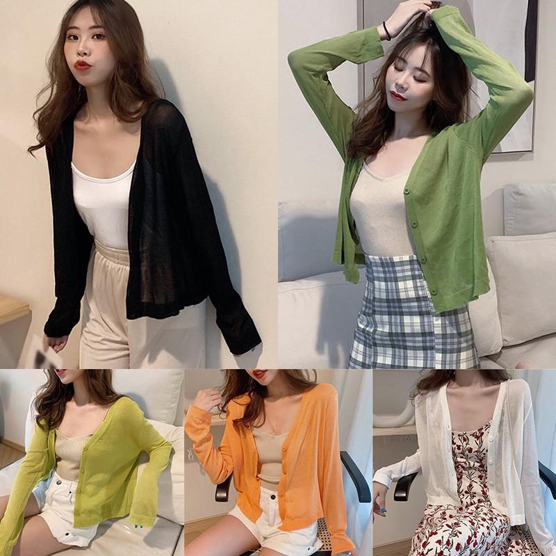 Áo Cardigan Dệt Kim Tay Dài Phối Nút Thiết Kế Cổ Chữ V Thanh Lịch