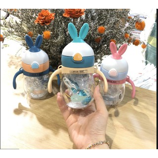 Bình tập uống nước chống sặc tai thỏ   270ml và bình con heo 350ml kèm dây đeo loại cao cấp cho bé