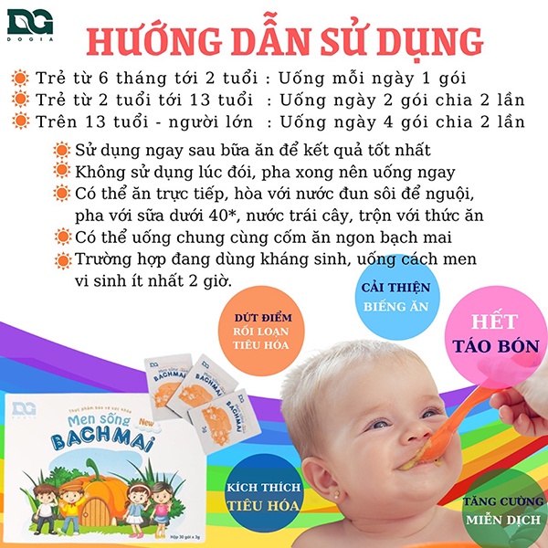 Men sống Bạch Mai NEW (men vi sinh cho bé táo bón, tiêu chảy) bổ sung bào tử lợi khuẩn, Hộp 30 gói (dạng bột)