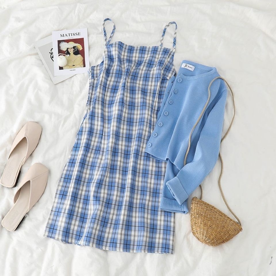 Bộ Áo Khoác Cardigan + Đầm Hai Dây Ôm Dáng Kẻ Sọc Caro Màu Xanh Dương Thời Trang Mùa Hè Cho Bạn Gái