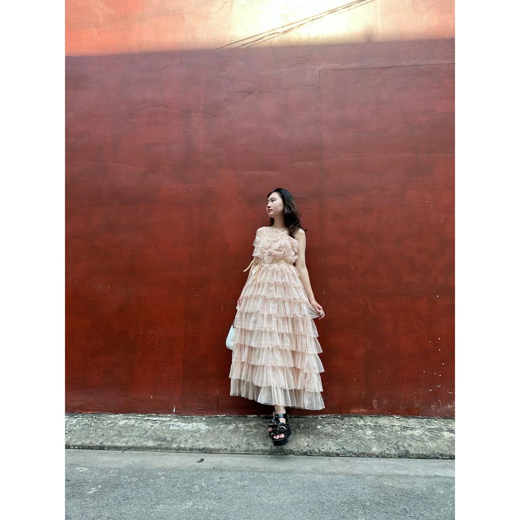 Váy Maxi Tầng Lưới tiểu thư voan tơ 2 dây Có Mút Ngực - đầm Nữ trễ vai công chúa phong cách ulzzang hàn quốc G5