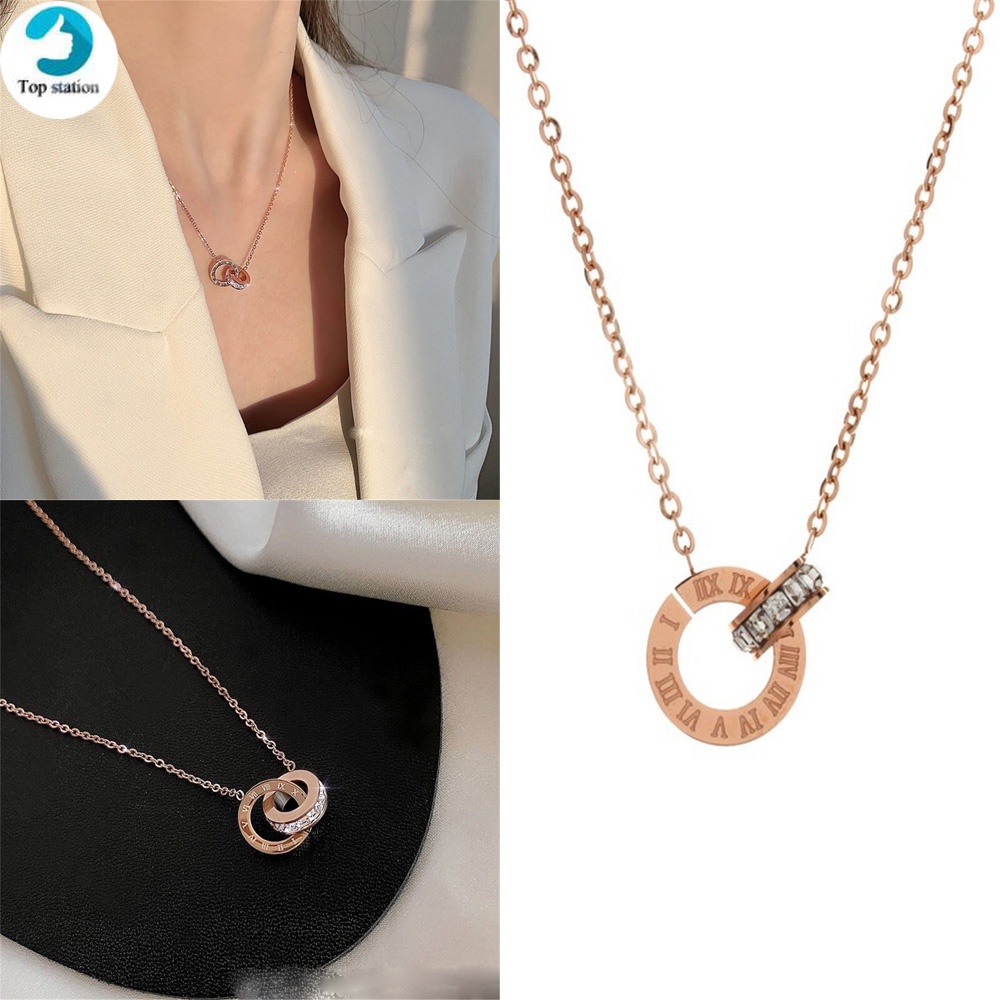 Vòng cổ mặt nhẫn đôi bằng thép không gỉ đính đá zircon đơn giản cho nữ