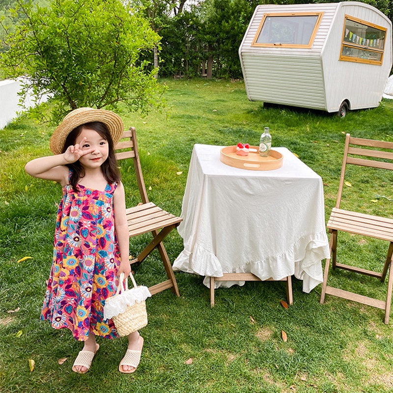 Đầm Hai Dây Mùa Hè Có Dây Đeo Vai In Họa Tiết Hoa Dễ Thương Có Thể Điều Chỉnh Cho Bé Gái
