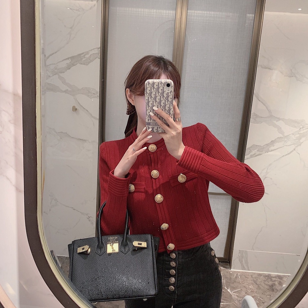 Áo sweater dệt kim dáng ngắn tay dài phong cách xuân thu 2022 cho nữ