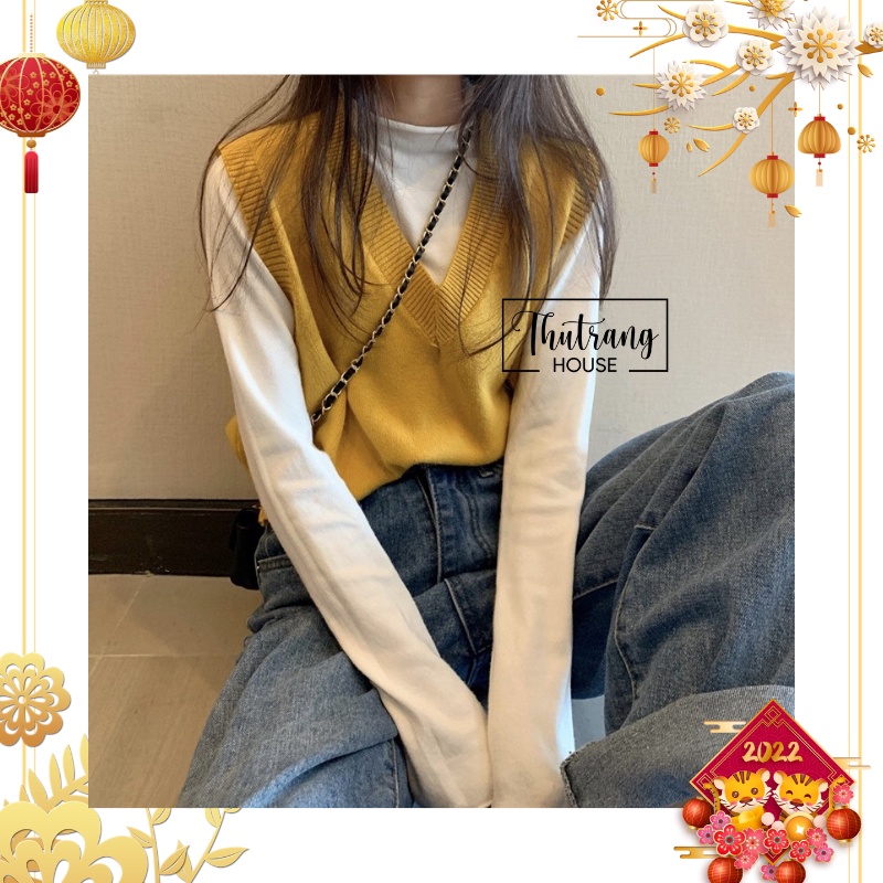 Áo gile len ulzzang nữ trơn dáng rộng cổ tim chất đẹp, không tay màu sắc vintage phong cách Hàn Quốc 428