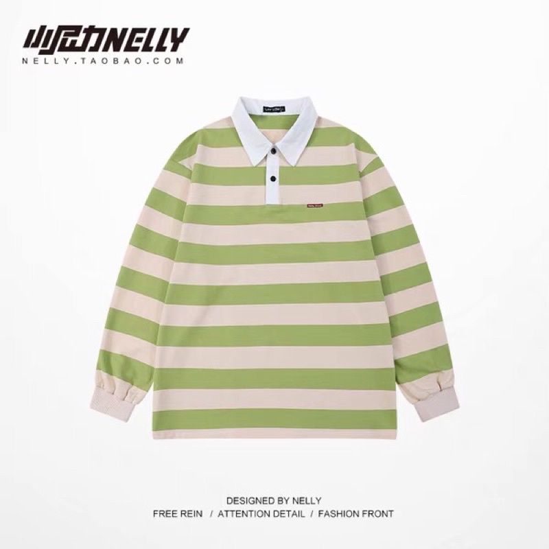 Áo sweater polo nelly sale (có sẵn) kẻ be cổ trắng