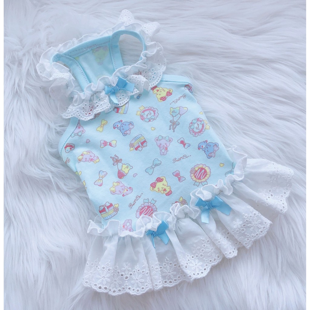 Váy thun hai dây phối bèo CAMQUYTSTORE in họa tiết gấu ngọt ngào dễ thương cho thú cưng