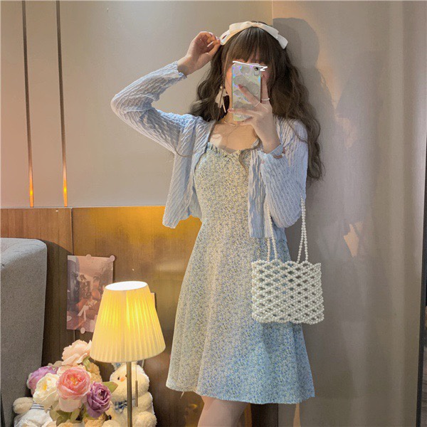 Váy hoa nhí hai dây ngực bèo dáng ngắn phối cardigan thun hè Ulzzang Style 🌸 Hàng Quảng Châu